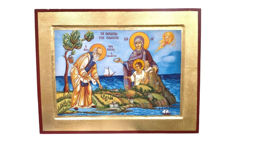 12 1/4" Mount Athos Monasticism Icon St. Athanasios the Athonite Greek Orthodox Wall Icon Theotokos Jesus Blessing Gold Leaf Art 31cm