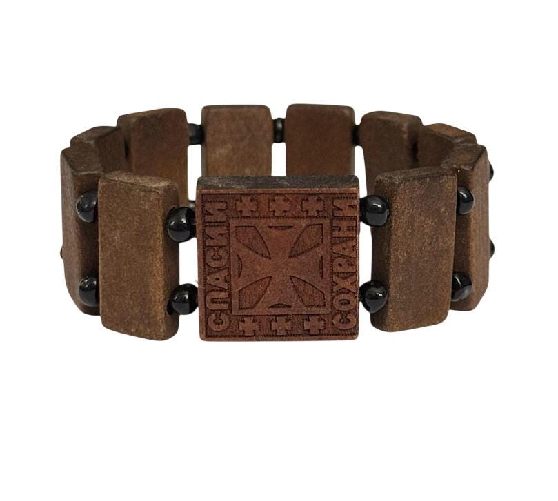 Orthodox Boxwood Natural Wooden Bracelet Cross Design Rectangular Beads Russian Church Slavonic Elastic Rosary Prayer Rope спаси и сохрани