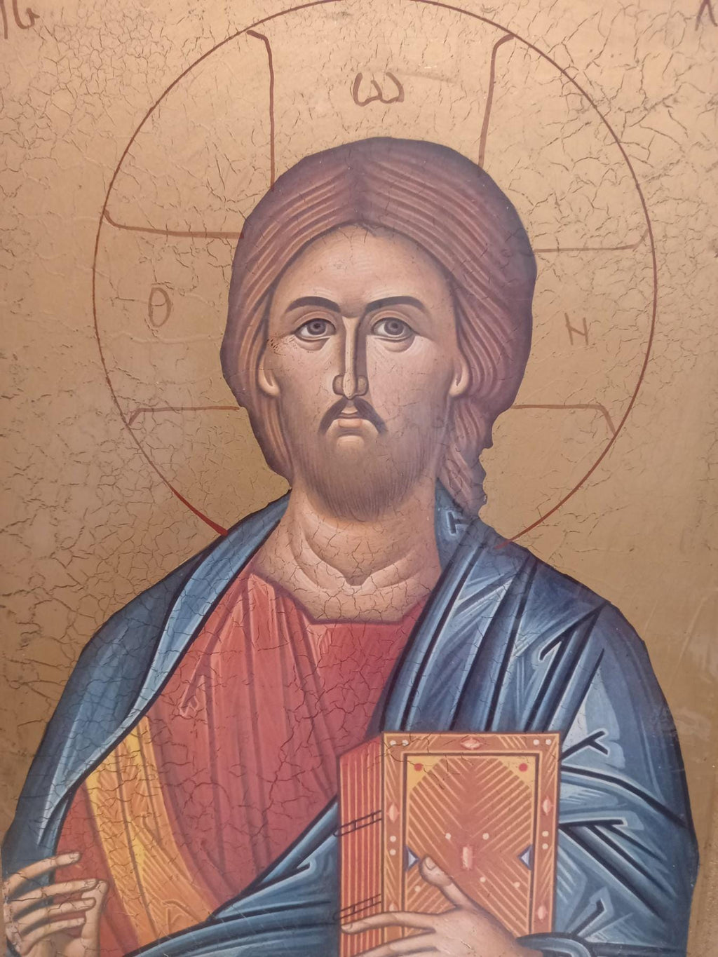 12 1/2" Vintage Greek Icon Jesus Christ Pantocrator 60s Lithograph on Wood • Orthodox Wall Art • Heirloom Religious Icon • Handmade Greece