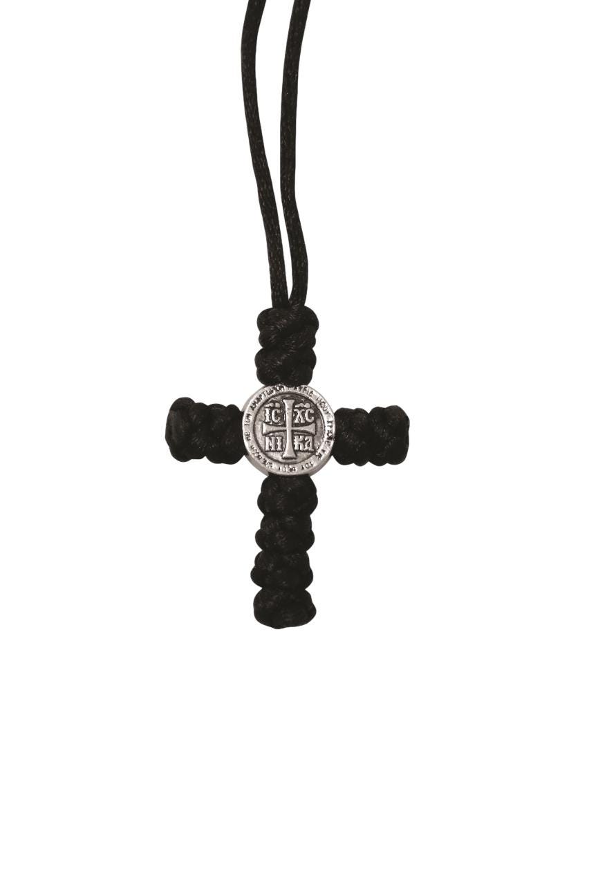 Greek Orthodox Car Cross Black Silk Thread Rearview Mirror Hanging ICXC NIKA Byzantine Handknotted Monastic Blessing 10 Knot Komboskini