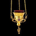 Gold Hanging Vigil Lamp • Byzantine Oil Lamp with Enamel • Church Home Prayer Corner • Engraved Brass • Chains & Glass Included