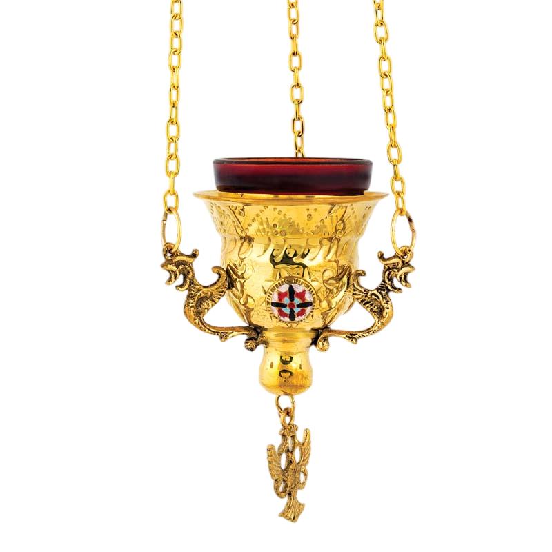Gold Hanging Vigil Lamp • Byzantine Oil Lamp with Enamel • Church Home Prayer Corner • Engraved Brass • Chains & Glass Included