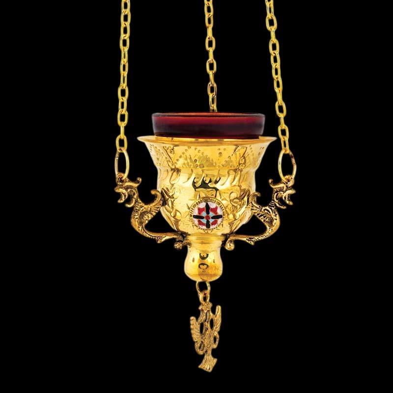 Gold Hanging Vigil Lamp • Byzantine Oil Lamp with Enamel • Church Home Prayer Corner • Engraved Brass • Chains & Glass Included