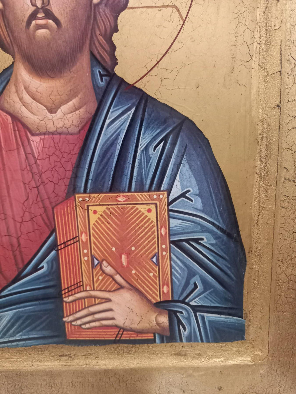 12 1/2" Vintage Greek Icon Jesus Christ Pantocrator 60s Lithograph on Wood • Orthodox Wall Art • Heirloom Religious Icon • Handmade Greece