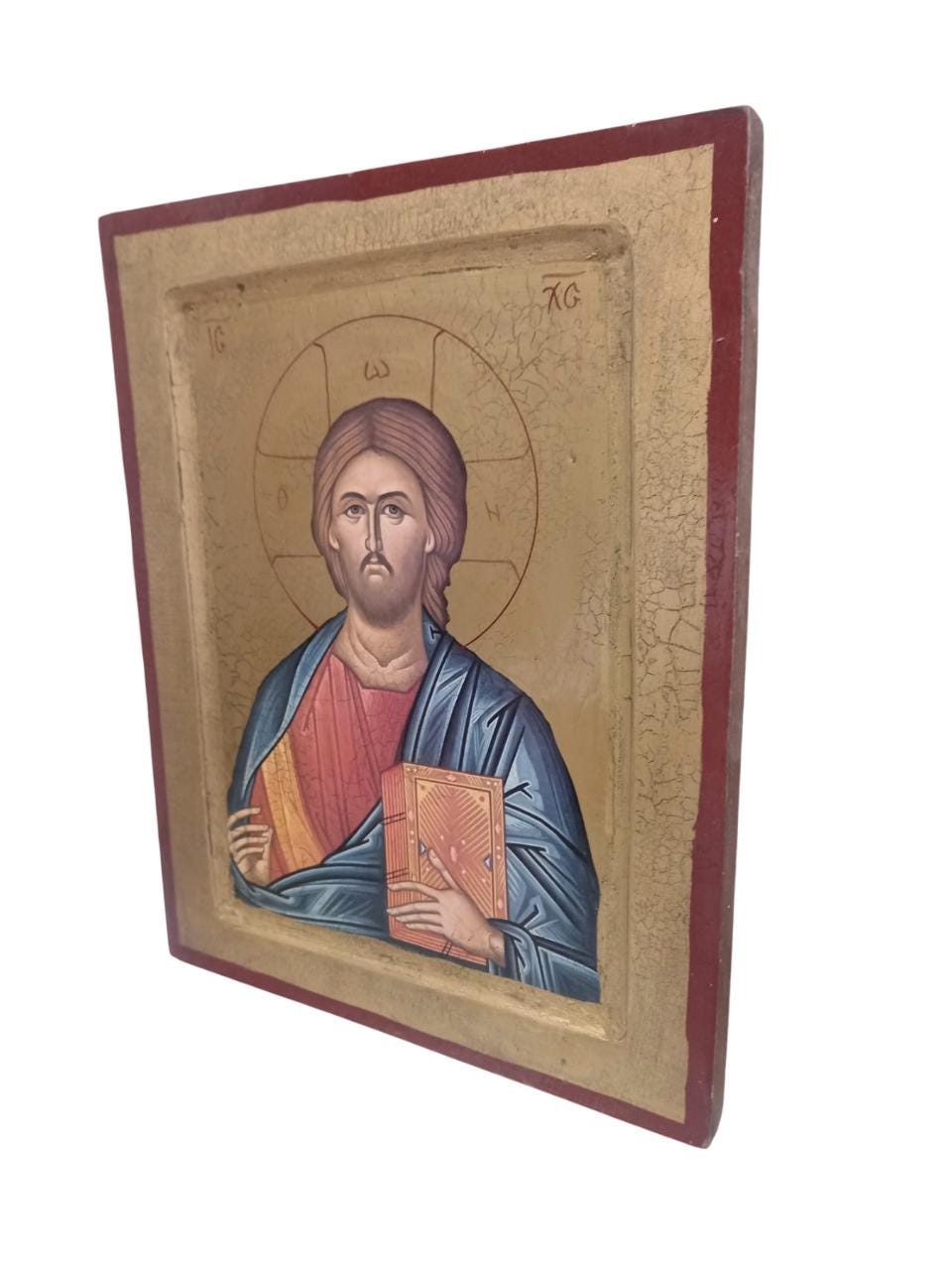 12 1/2" Vintage Greek Icon Jesus Christ Pantocrator 60s Lithograph on Wood • Orthodox Wall Art • Heirloom Religious Icon • Handmade Greece