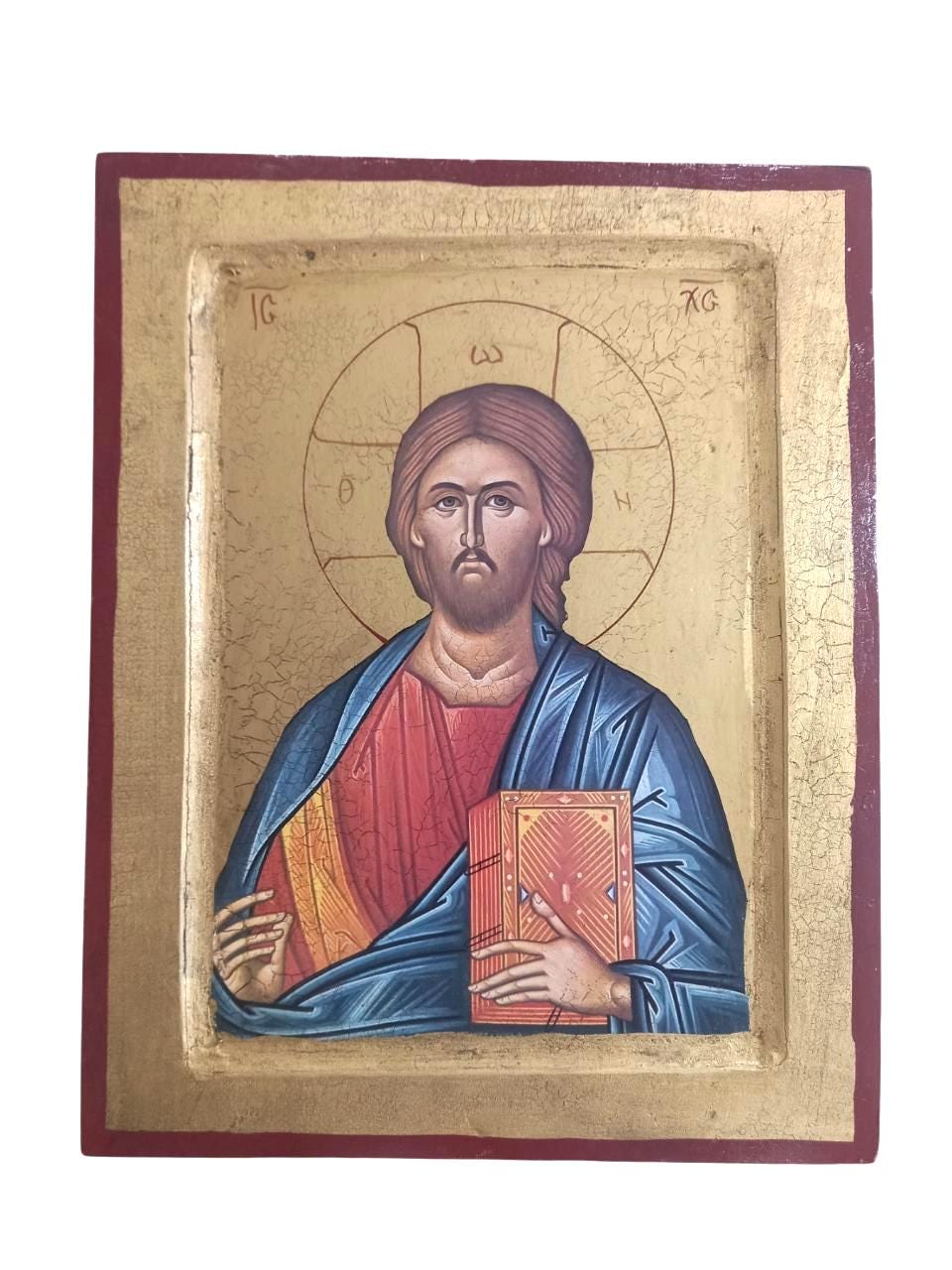 12 1/2" Vintage Greek Icon Jesus Christ Pantocrator 60s Lithograph on Wood • Orthodox Wall Art • Heirloom Religious Icon • Handmade Greece