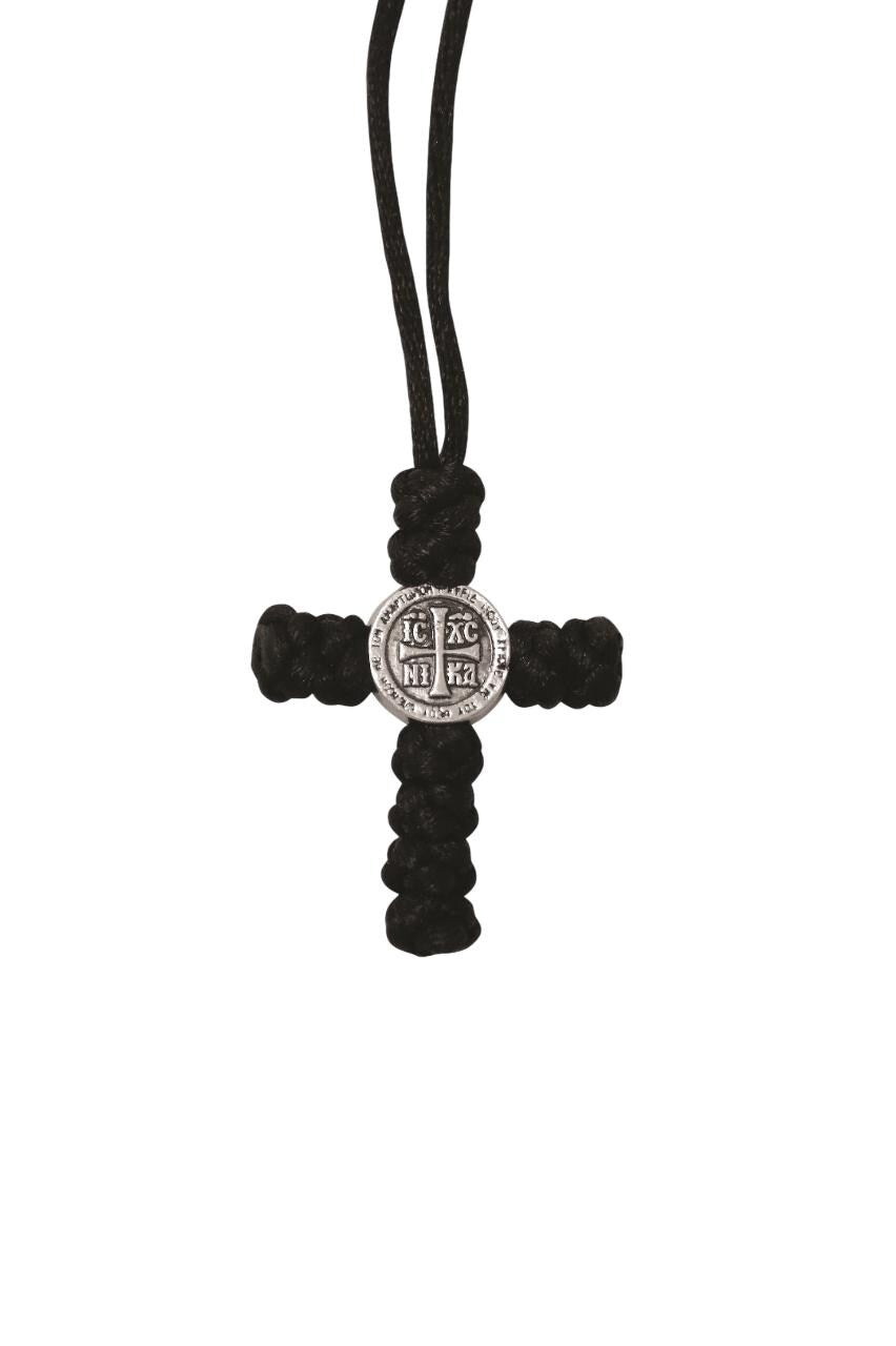 Greek Orthodox Car Cross Black Silk Thread Rearview Mirror Hanging ICXC NIKA Byzantine Handknotted Monastic Blessing 10 Knot Komboskini