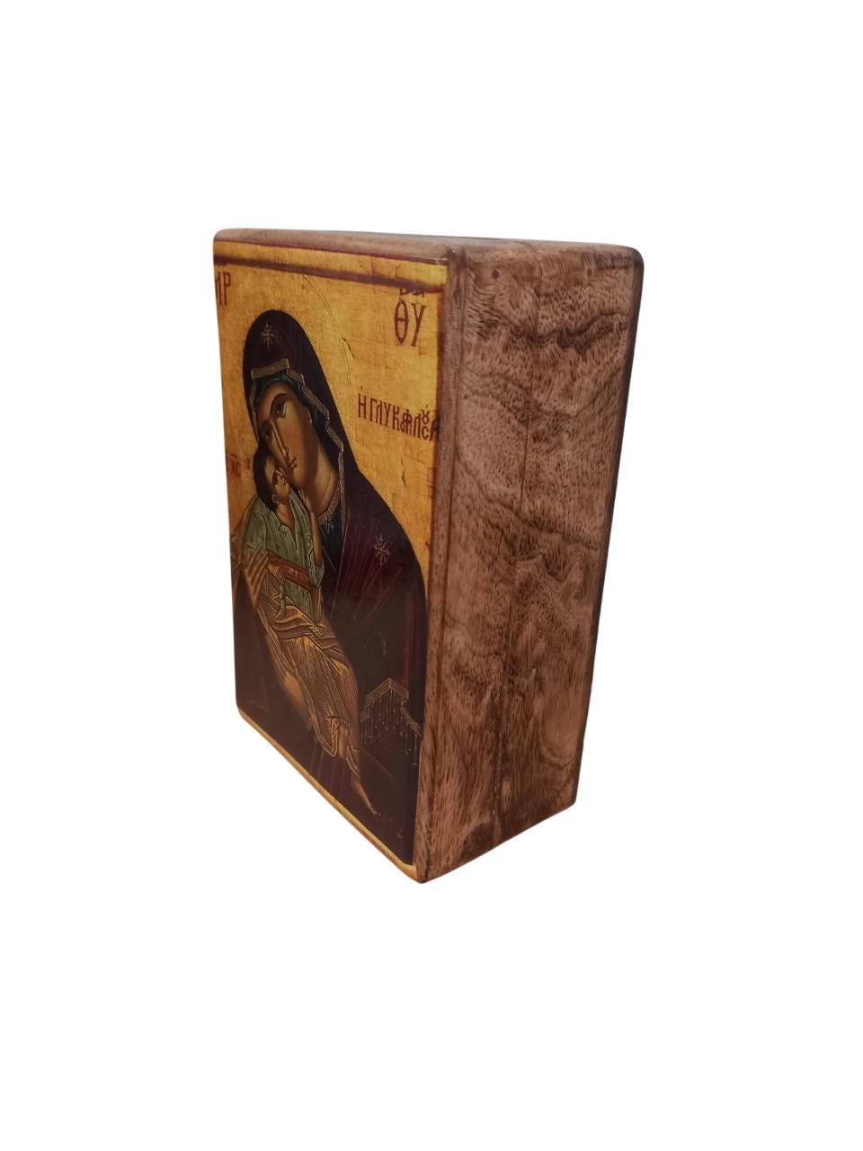 Wooden Icon Box with Virgin Mary Decoupage • Theotokos Glykofilousa • 6x4x2.4" Relic Case • Handmade Orthodox Keepsake Box
