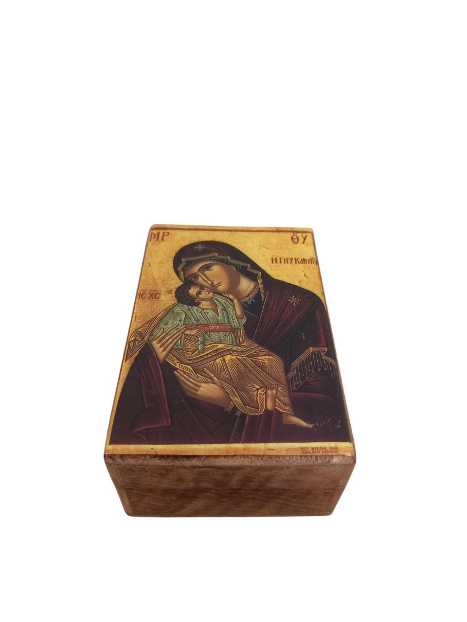 Wooden Icon Box with Virgin Mary Decoupage • Theotokos Glykofilousa • 6x4x2.4" Relic Case • Handmade Orthodox Keepsake Box