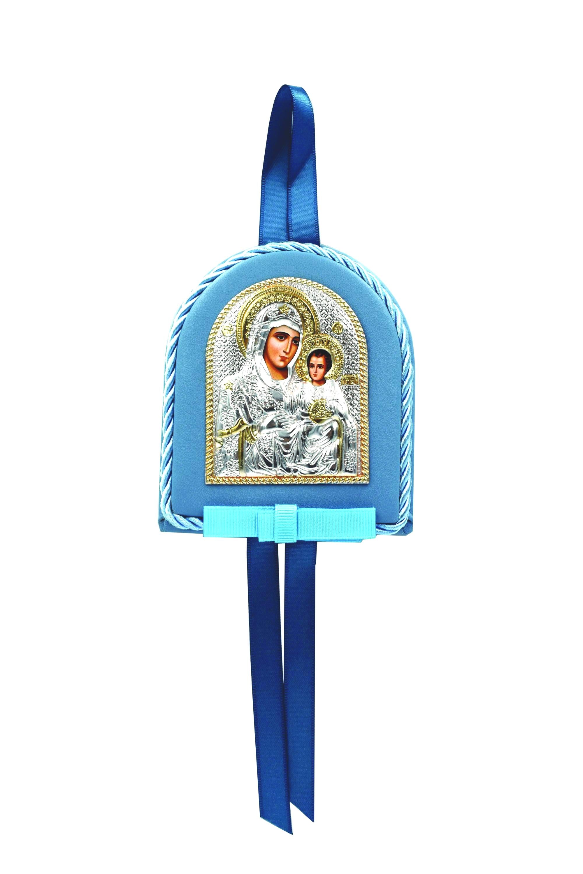 Virgin Mary Baby Icon for Crib or Car | Pink or Blue | Orthodox Jerusalem Icon | Baptism Gift | Metal with Ribbon | 4 X 3.5" - 10.3x8.7 cm