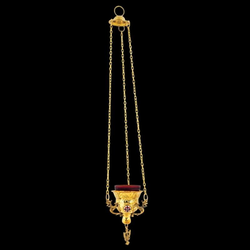 Gold Hanging Vigil Lamp • Byzantine Oil Lamp with Enamel • Church Home Prayer Corner • Engraved Brass • Chains & Glass Included