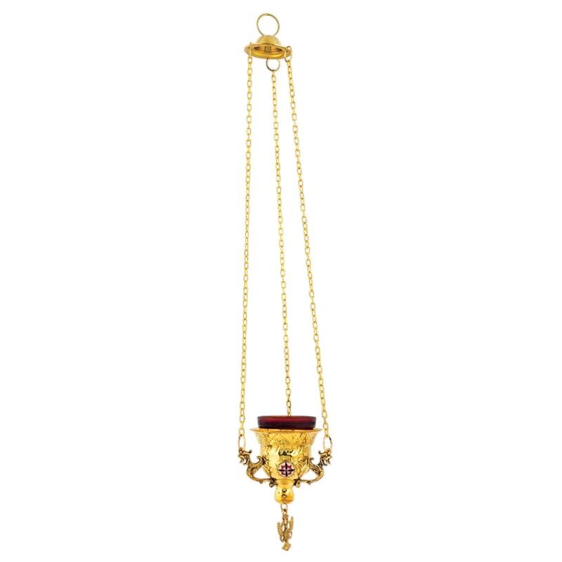 Gold Hanging Vigil Lamp • Byzantine Oil Lamp with Enamel • Church Home Prayer Corner • Engraved Brass • Chains & Glass Included