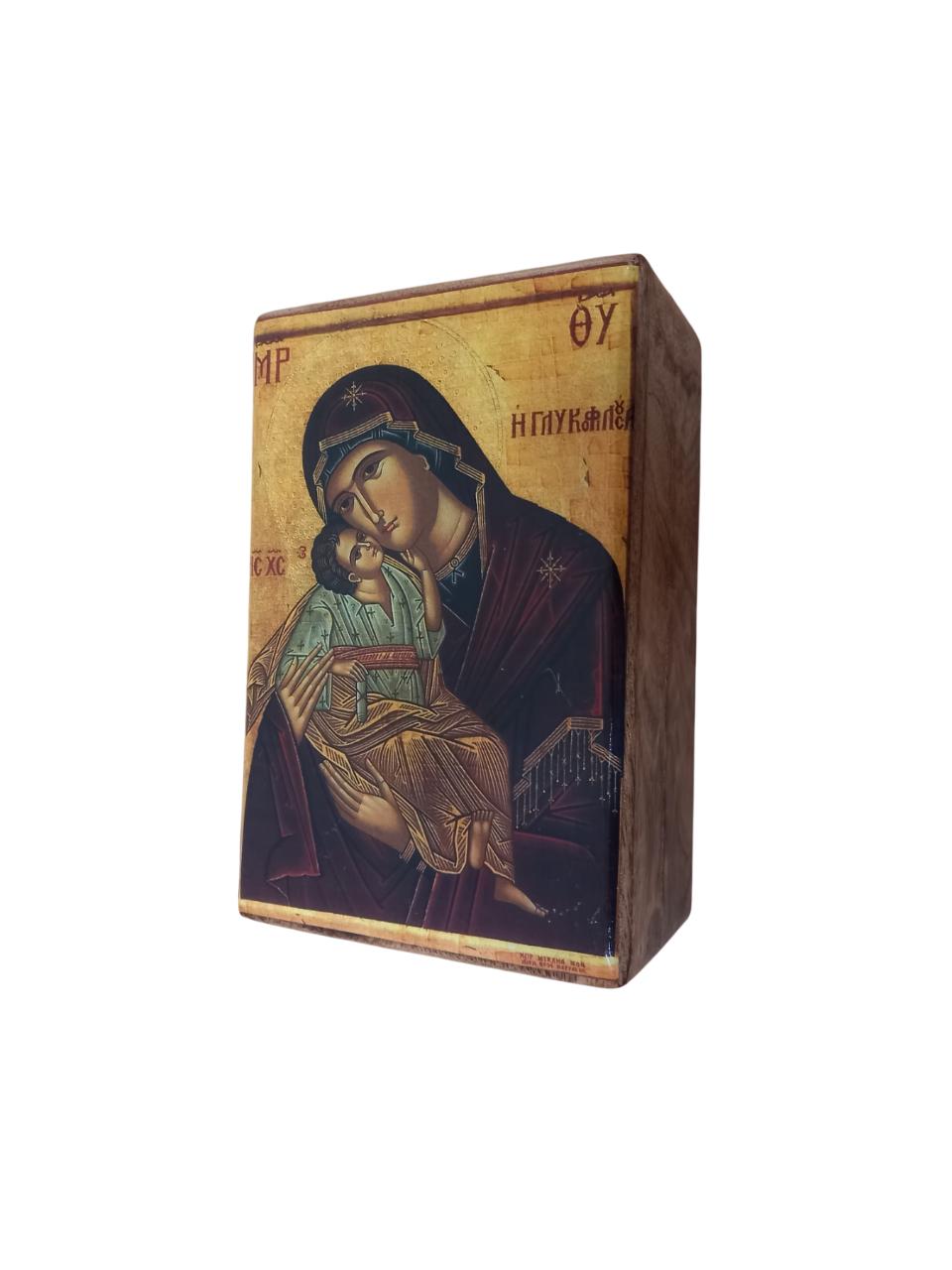 Wooden Icon Box with Virgin Mary Decoupage • Theotokos Glykofilousa • 6x4x2.4" Relic Case • Handmade Orthodox Keepsake Box