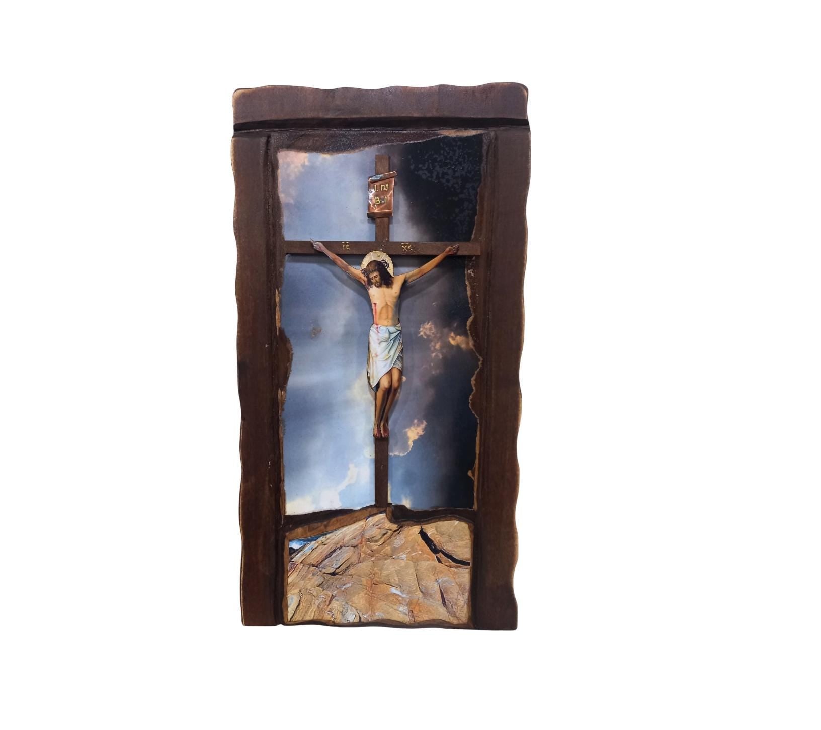 20 1/2" Greek Orthodox Crucifixion of Jesus Chirst Wall Mounted Lithography Natural Wood Icon INBI Metal Plaque Handcarved in Greece  52cm