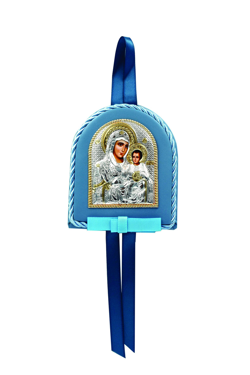 Virgin Mary Baby Icon for Crib or Car | Pink or Blue | Orthodox Jerusalem Icon | Baptism Gift | Metal with Ribbon | 4 X 3.5" - 10.3x8.7 cm