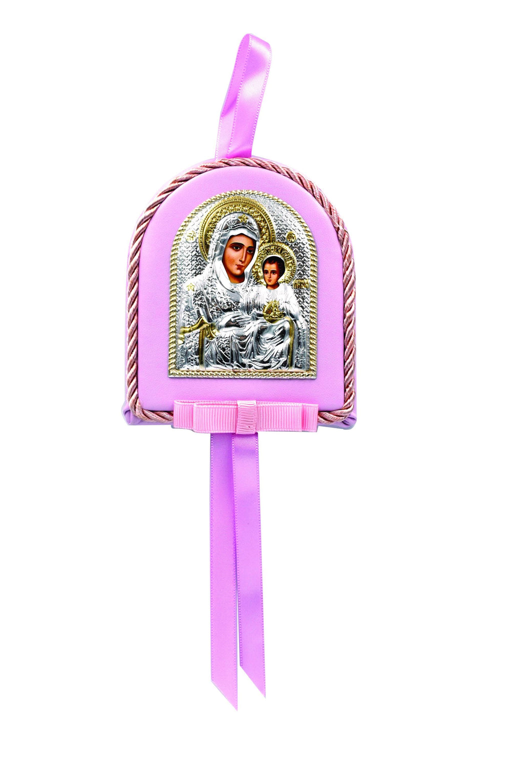 Virgin Mary Baby Icon for Crib or Car | Pink or Blue | Orthodox Jerusalem Icon | Baptism Gift | Metal with Ribbon | 4 X 3.5" - 10.3x8.7 cm