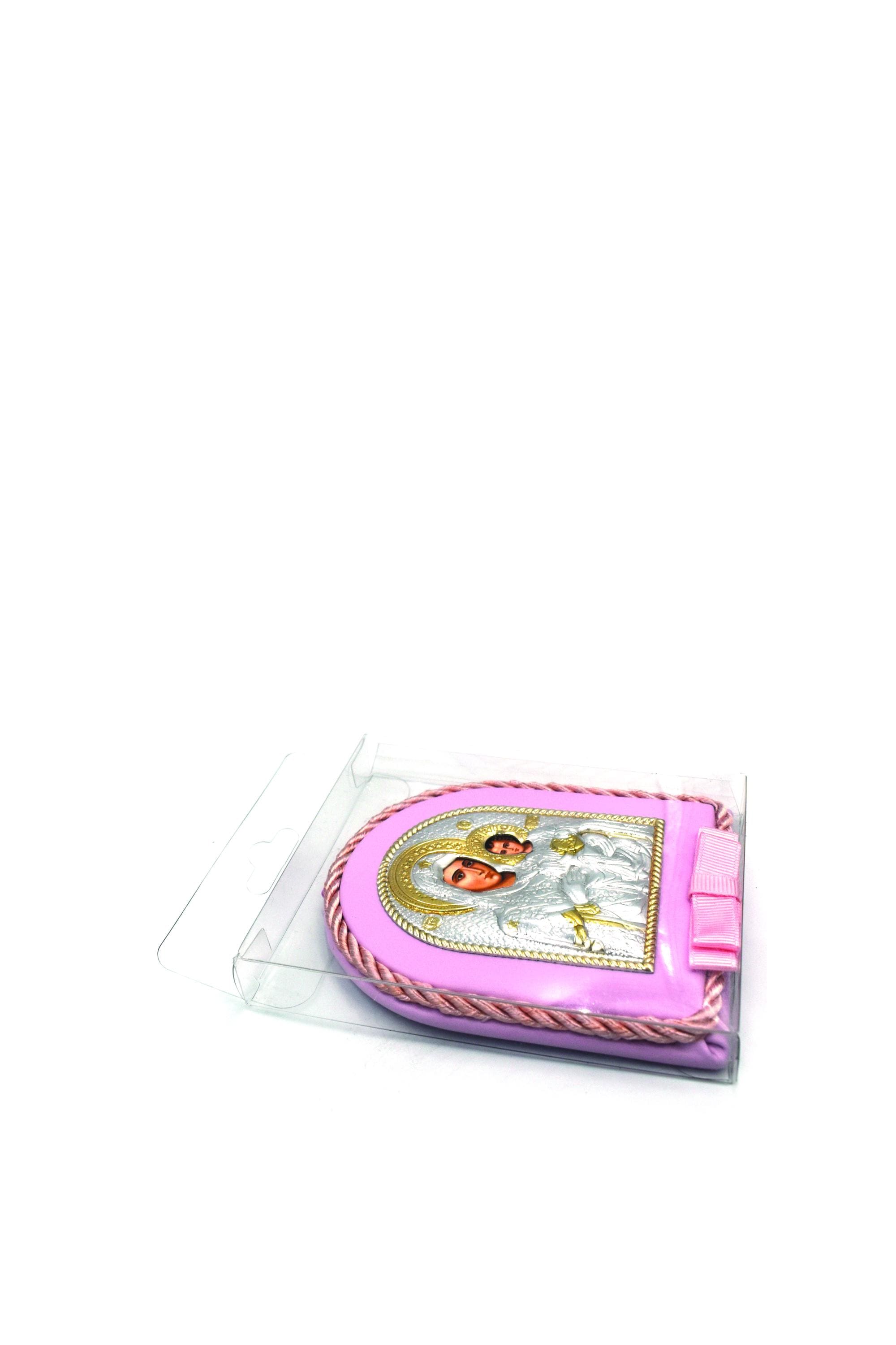 Virgin Mary Baby Icon for Crib or Car | Pink or Blue | Orthodox Jerusalem Icon | Baptism Gift | Metal with Ribbon | 4 X 3.5" - 10.3x8.7 cm