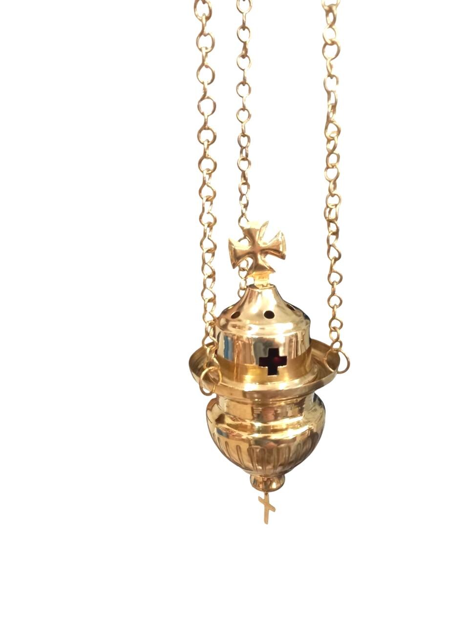 Metal Greek Orthodox Vigil Oil Lamp Wall Mounted Hanging Kandili with Cross Lid Gold Tone Aluminum Prayer Corner Altar Light Lantern Candle