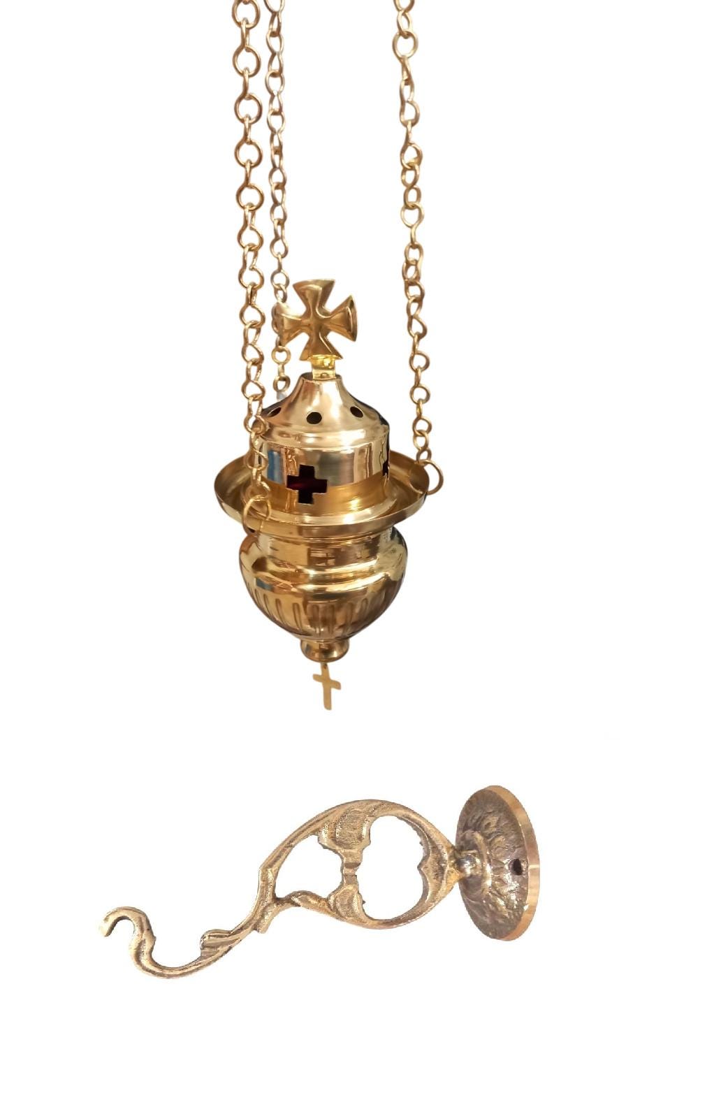 Metal Greek Orthodox Vigil Oil Lamp Wall Mounted Hanging Kandili with Cross Lid Gold Tone Aluminum Prayer Corner Altar Light Lantern Candle