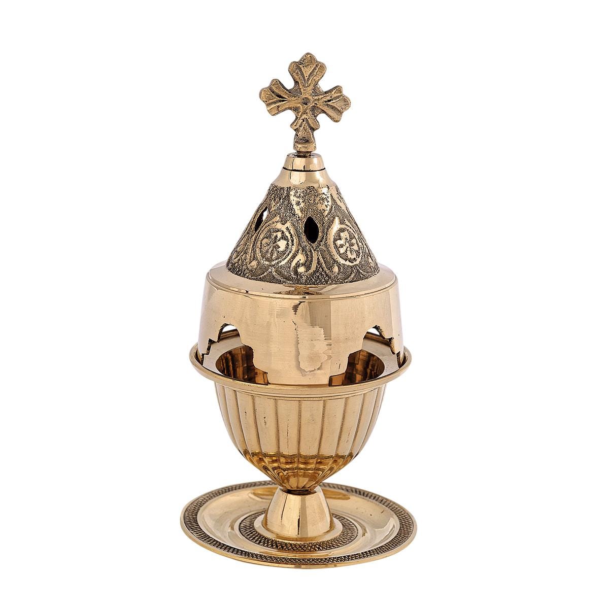 6 3/4" Brass Engraved Greek Orthodox Standing Devotional Vigil Oil Lamp 17cm