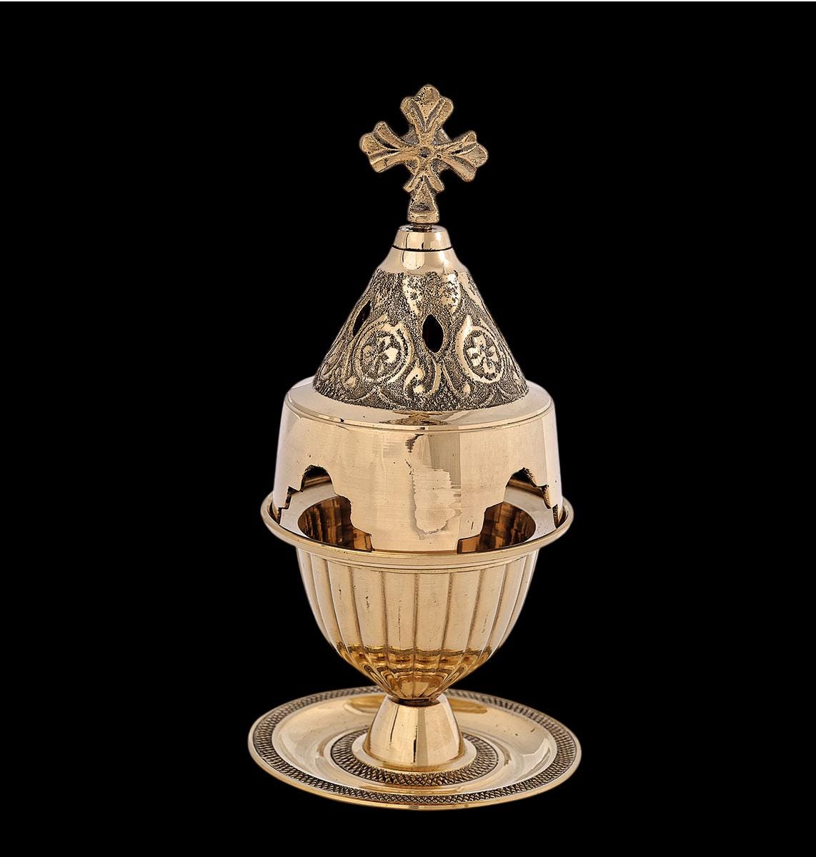6 3/4" Brass Engraved Greek Orthodox Standing Devotional Vigil Oil Lamp 17cm