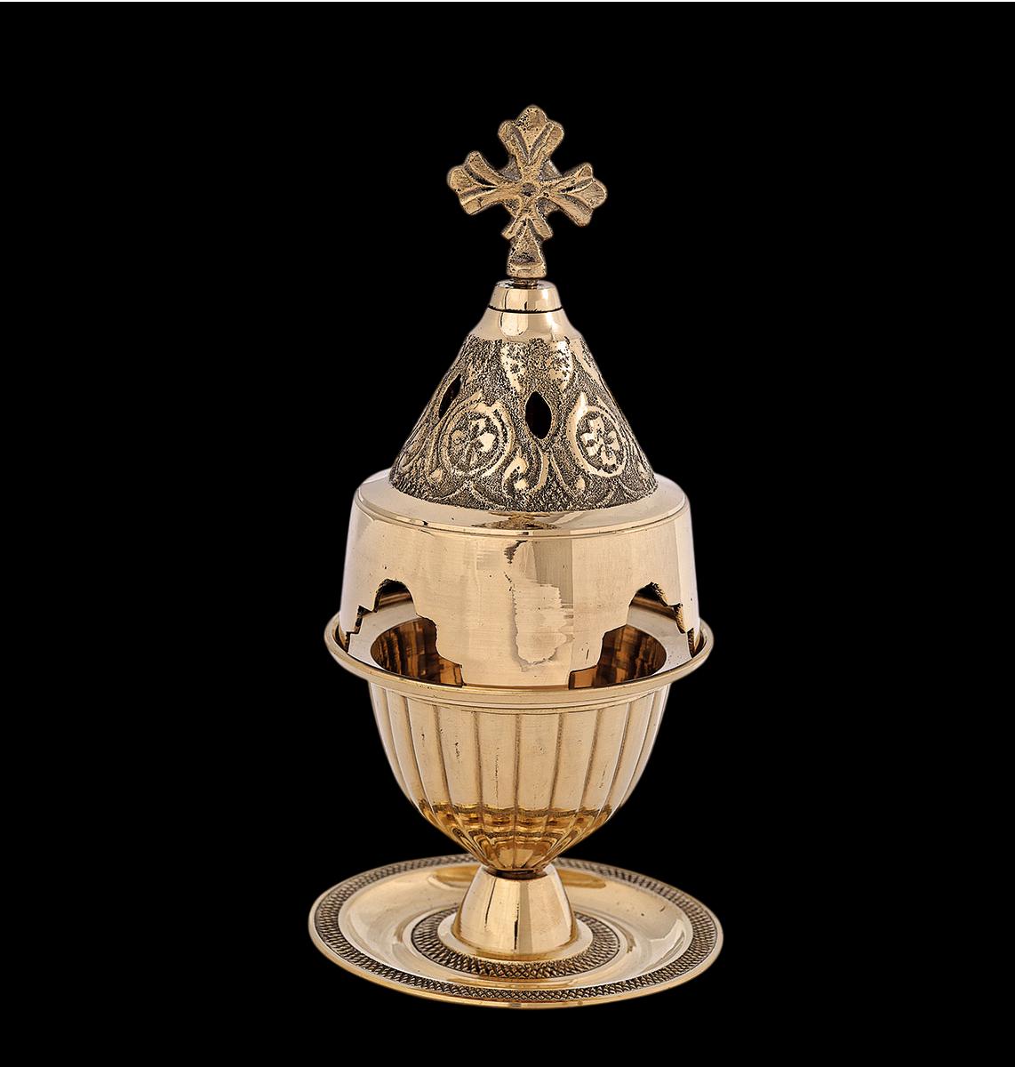 6 3/4" Brass Engraved Greek Orthodox Standing Devotional Vigil Oil Lamp 17cm