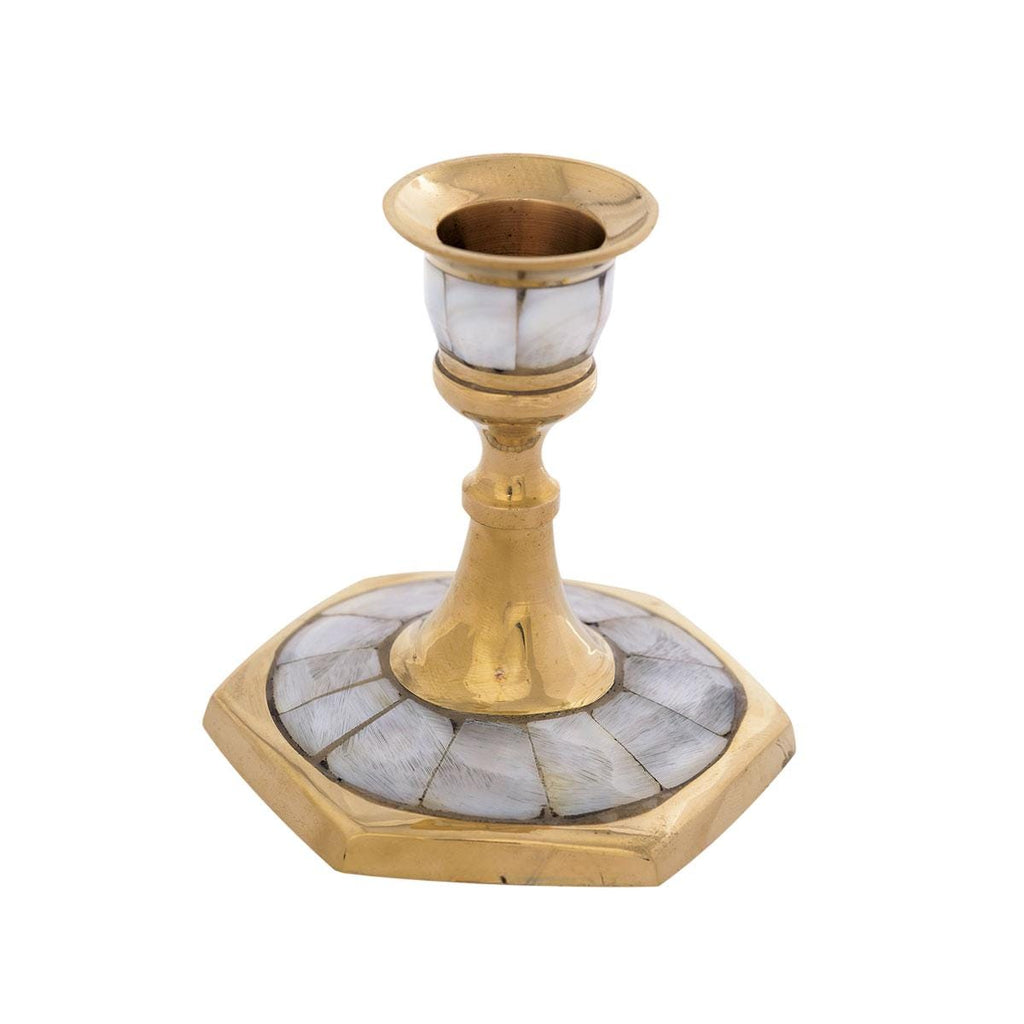 8.5cm Solid Brass Candle Holder with Mother of Pearl Elegant Free-Standing Candlestick, Blue Velvet Base, 3 3/8" Height, Round & Hex Bottom