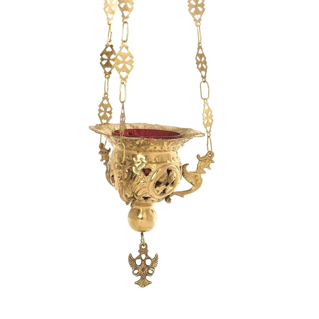 Greek Orthodox Hanging Vigil Oil Brass Burner Lamp Dragons Design Handmade Engraved Lantern