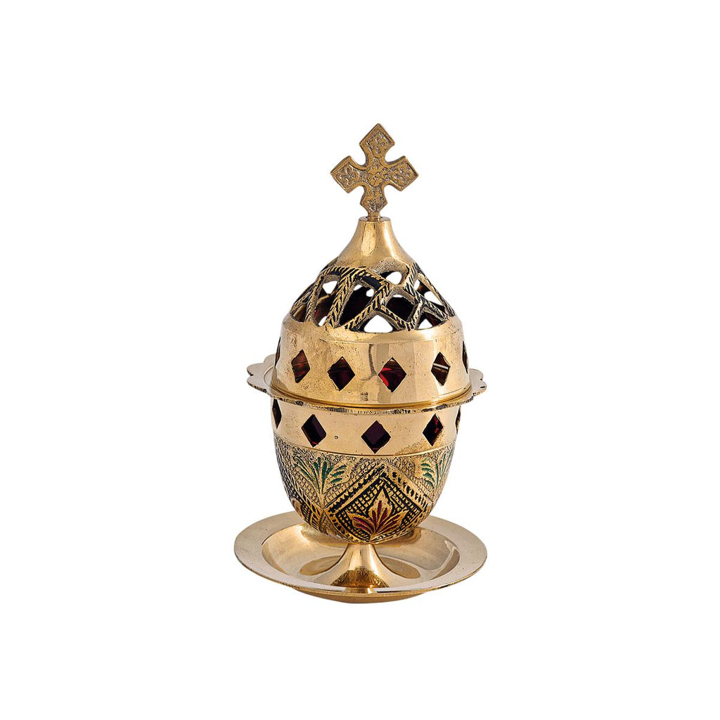 Greek Orthodox Brass Vigil Oil Lamp Hand-Painted Floral Design Red Glass Cross Lid Prayer Light