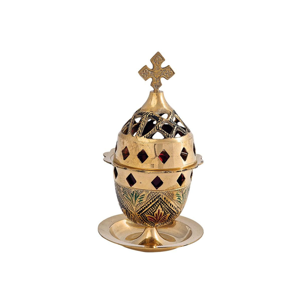 Greek Orthodox Brass Vigil Oil Lamp Hand-Painted Floral Design Red Glass Cross Lid Prayer Light