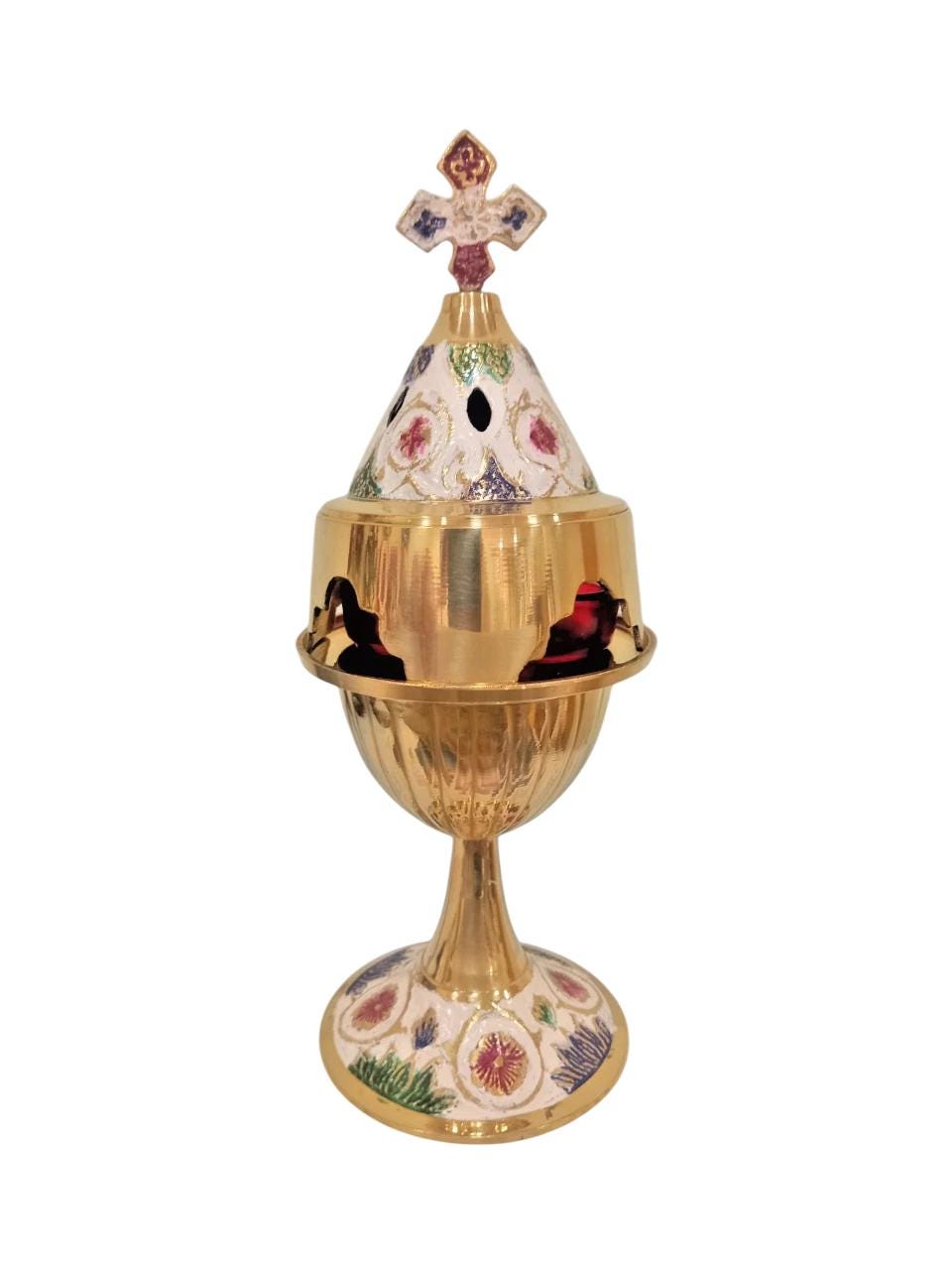 8" Greek Orthodox Brass Vigil Oil Lamp Hand-Painted Floral Design Red Glass Cross Lid Prayer Light 20cm