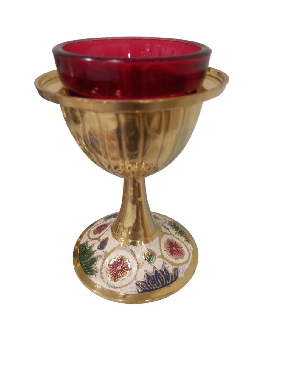 8" Greek Orthodox Brass Vigil Oil Lamp Hand-Painted Floral Design Red Glass Cross Lid Prayer Light 20cm