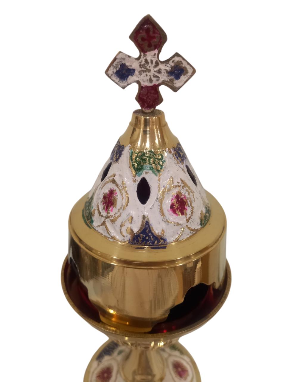 8" Greek Orthodox Brass Vigil Oil Lamp Hand-Painted Floral Design Red Glass Cross Lid Prayer Light 20cm