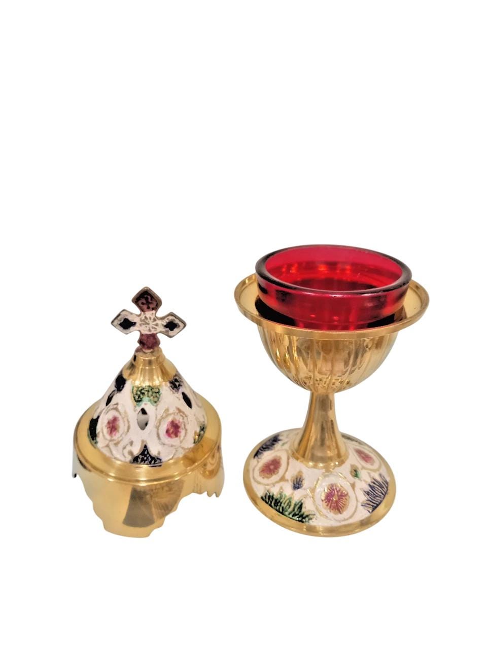 8" Greek Orthodox Brass Vigil Oil Lamp Hand-Painted Floral Design Red Glass Cross Lid Prayer Light 20cm