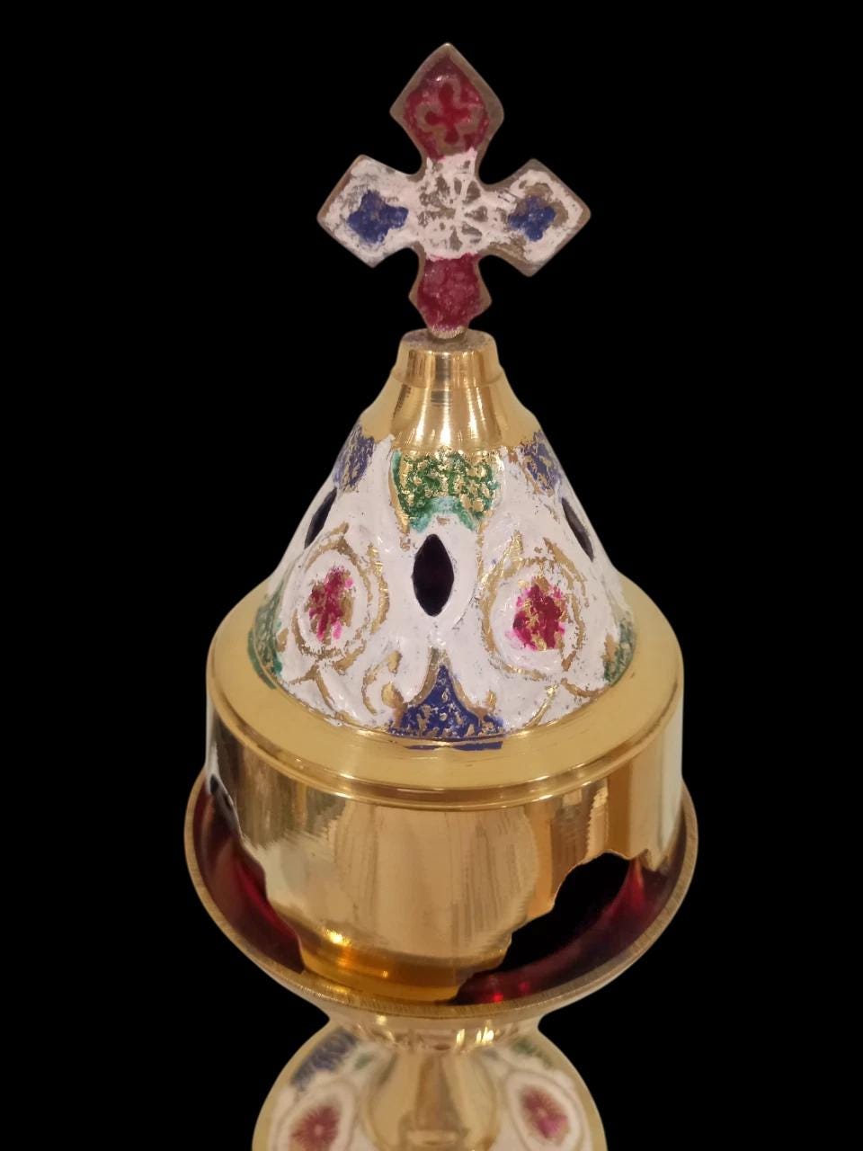 8" Greek Orthodox Brass Vigil Oil Lamp Hand-Painted Floral Design Red Glass Cross Lid Prayer Light 20cm