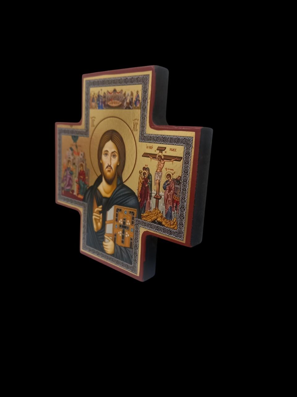 5.5" Gilded Print Orthodox Icon of Christ | Byzantine Religious Wall Art | Gold Foil Christian Home Decor | Cross-Shaped Sacred Icon Panel