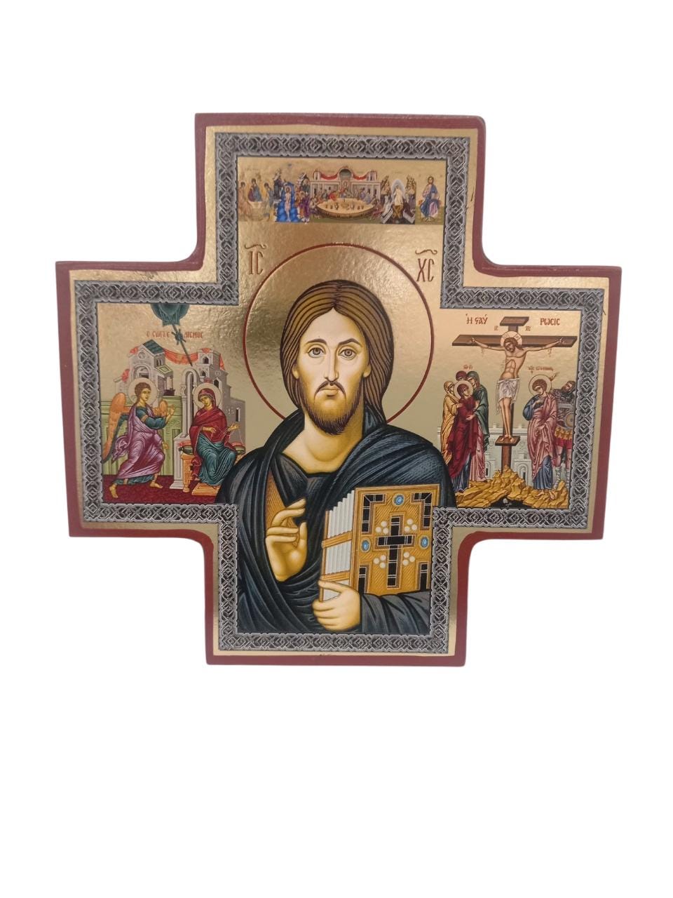 5.5" Gilded Print Orthodox Icon of Christ | Byzantine Religious Wall Art | Gold Foil Christian Home Decor | Cross-Shaped Sacred Icon Panel