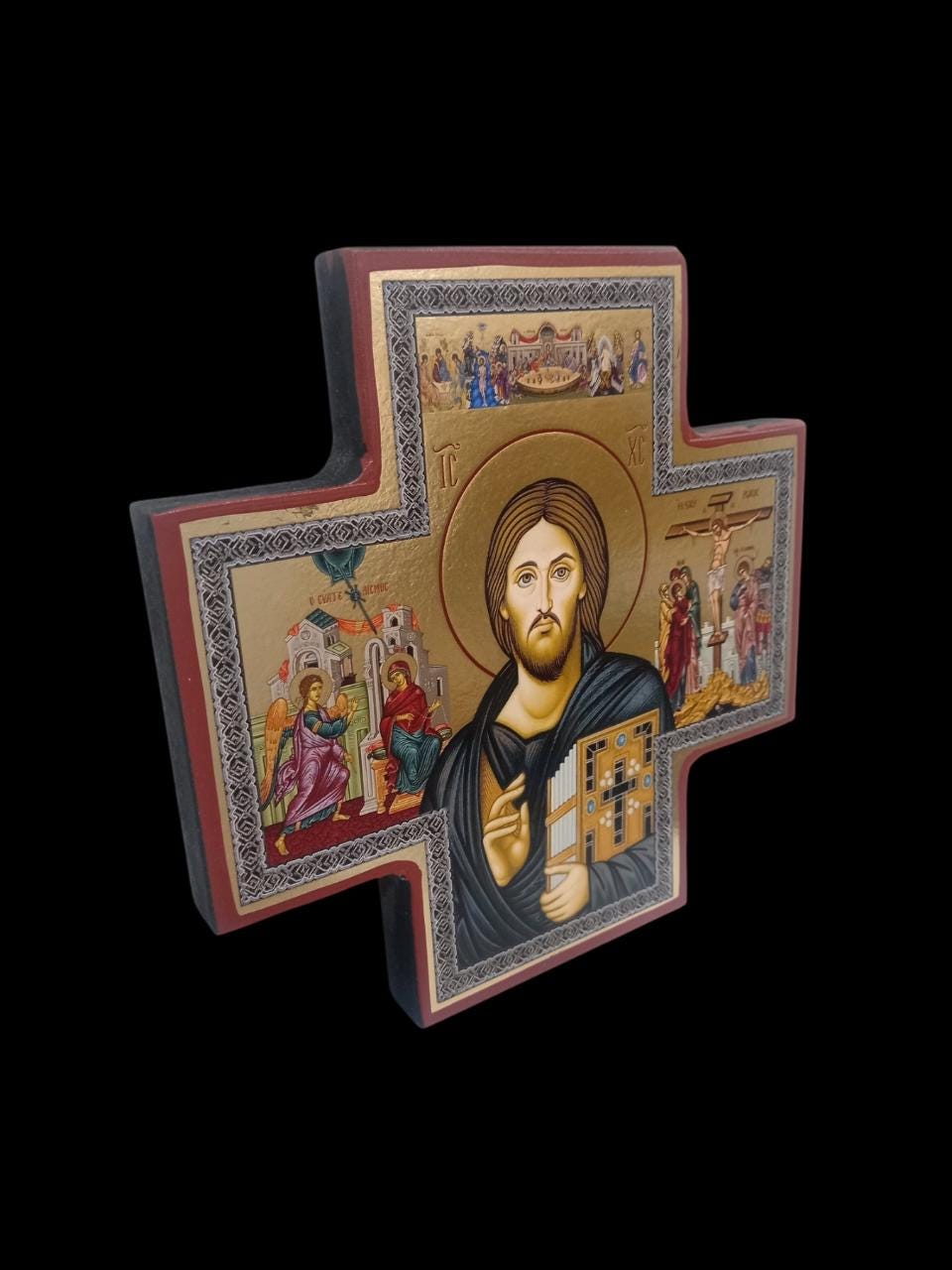 5.5" Gilded Print Orthodox Icon of Christ | Byzantine Religious Wall Art | Gold Foil Christian Home Decor | Cross-Shaped Sacred Icon Panel