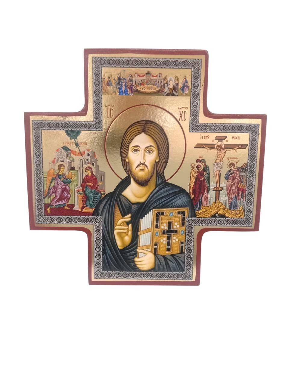 5.5" Gilded Print Orthodox Icon of Christ | Byzantine Religious Wall Art | Gold Foil Christian Home Decor | Cross-Shaped Sacred Icon Panel