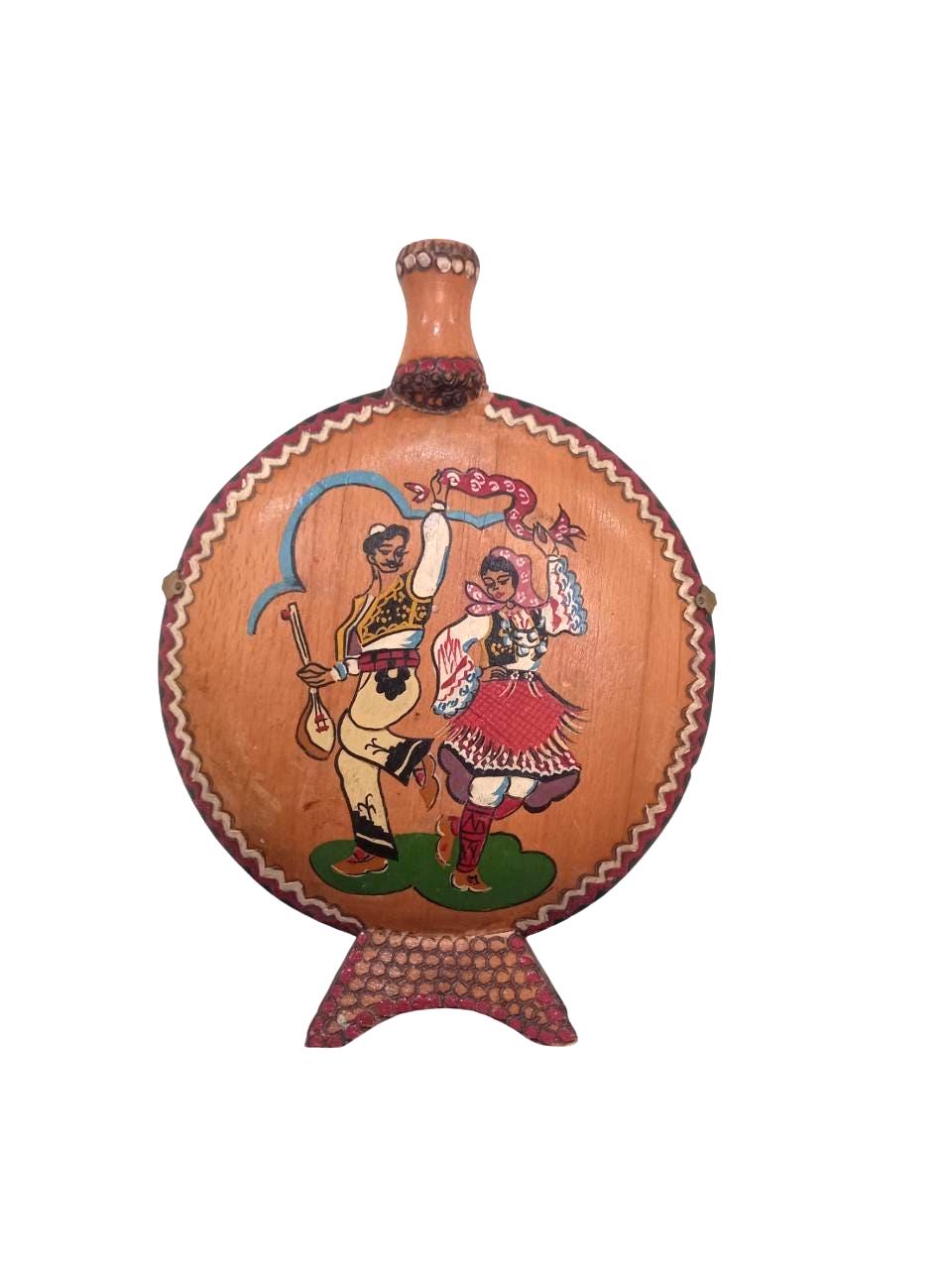 10 1/2" Vintage Wooden Water Flask – Handcarved & Handpainted, Dancing Couple Art, Old Travel Canteen, Decorative, Round Display Bottle 26cm