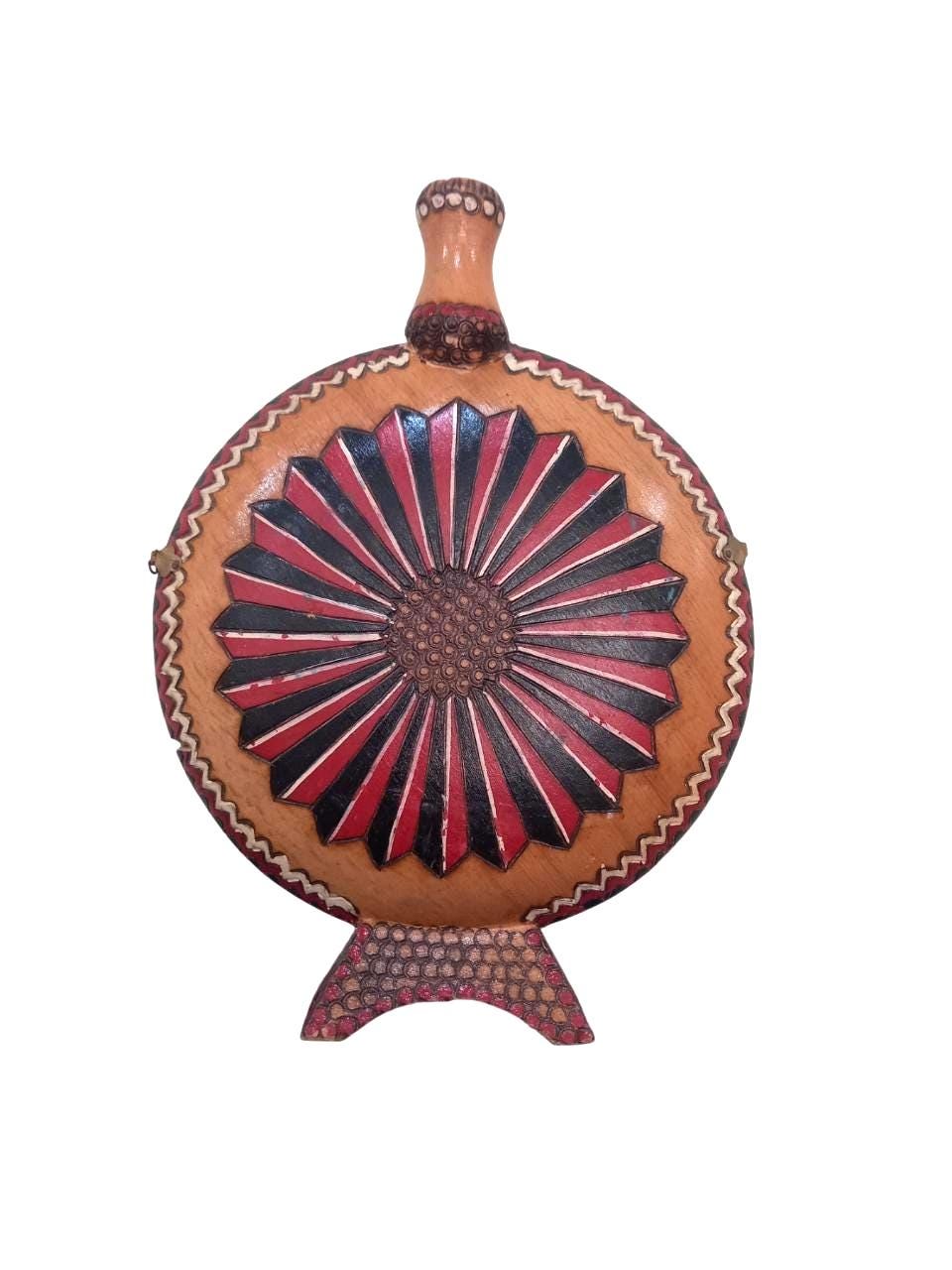 10 1/2" Vintage Wooden Water Flask – Handcarved & Handpainted, Dancing Couple Art, Old Travel Canteen, Decorative, Round Display Bottle 26cm
