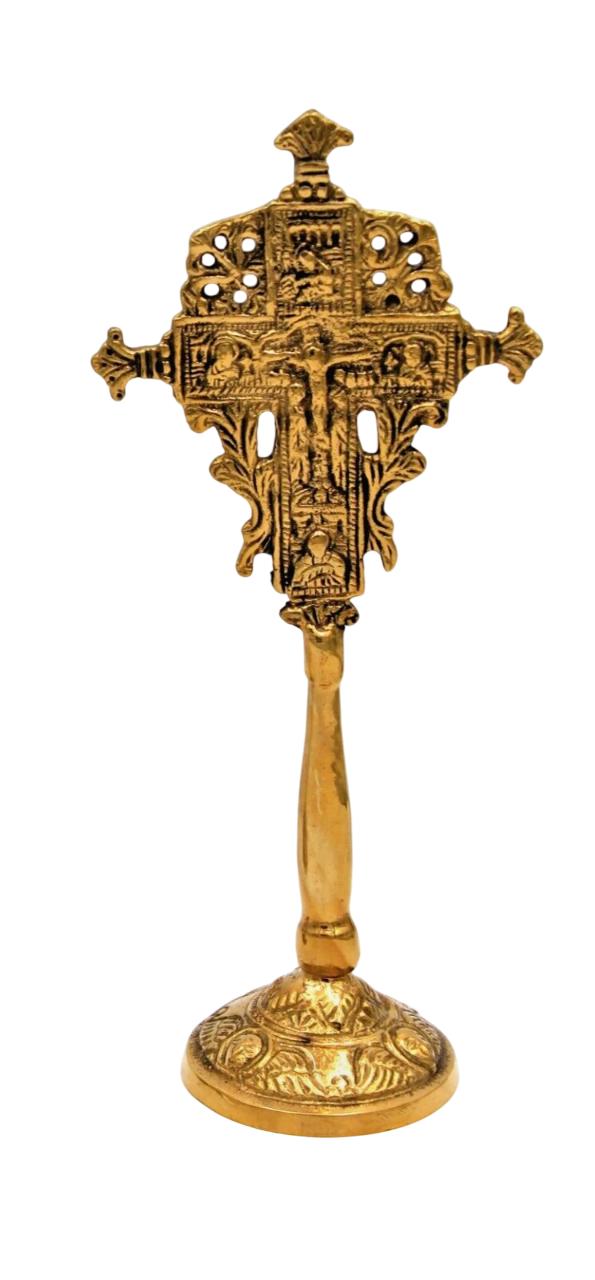Brass Standing Cross with Base Bronze Tone Altar or Holy Water Cross Greek Orthodox Christian Shrine or Prayer Corner 18x8 cm 7" x 3  1/8"