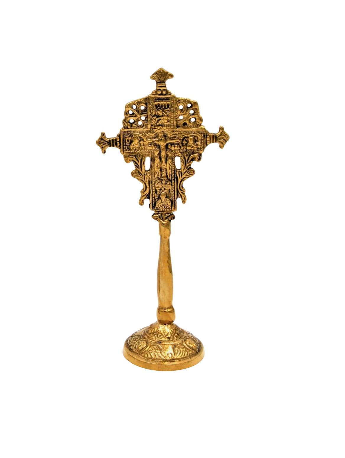 Brass Standing Cross with Base Bronze Tone Altar or Holy Water Cross Greek Orthodox Christian Shrine or Prayer Corner 18x8 cm 7" x 3  1/8"