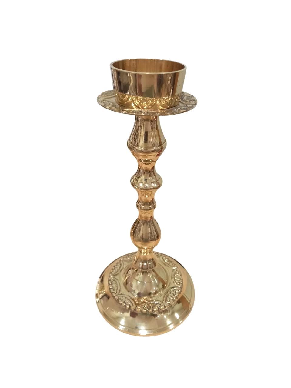 Brass Candlestick Holder Polished Gold Tone Candle Stand Floral Engraved Altar or Home Decor 8"x3 3/4" Elegant Liturgical Candle Holder 20cm