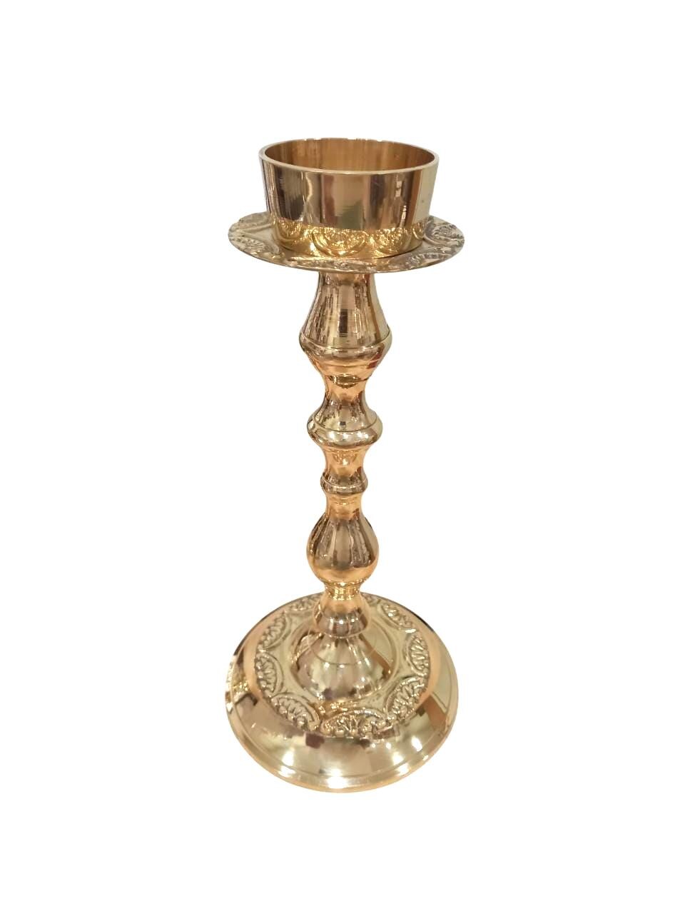 Brass Candlestick Holder Polished Gold Tone Candle Stand Floral Engraved Altar or Home Decor 8"x3 3/4" Elegant Liturgical Candle Holder 20cm