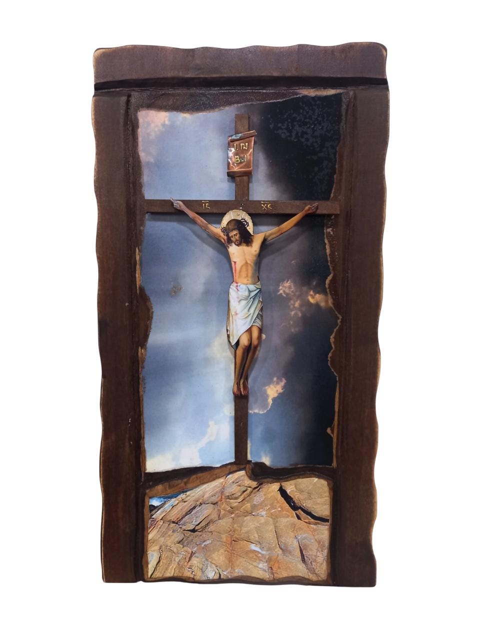 20 1/2" Greek Orthodox Crucifixion of Jesus Chirst Wall Mounted Lithography Natural Wood Icon INBI Metal Plaque Handcarved in Greece  52cm