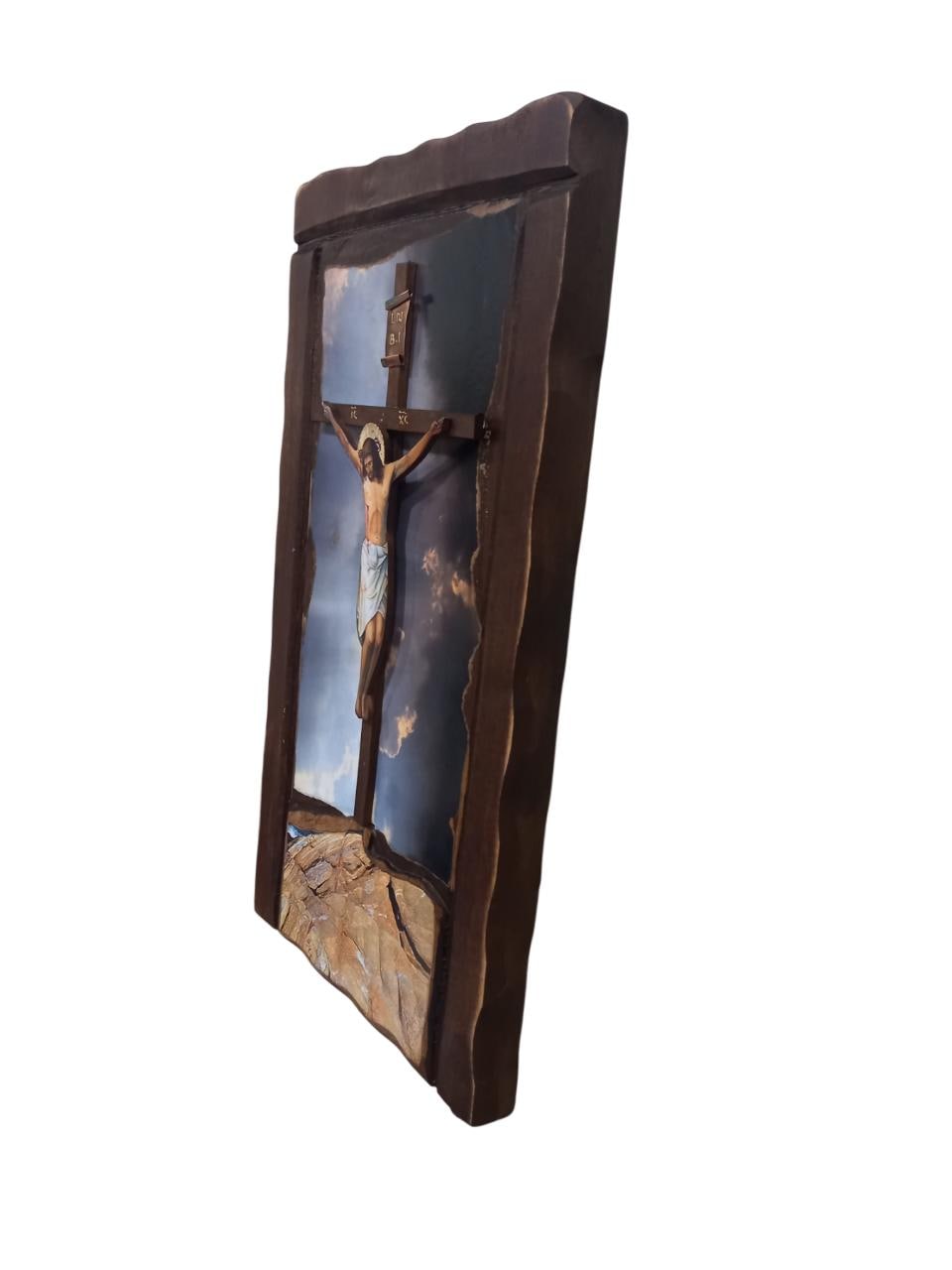 20 1/2" Greek Orthodox Crucifixion of Jesus Chirst Wall Mounted Lithography Natural Wood Icon INBI Metal Plaque Handcarved in Greece  52cm