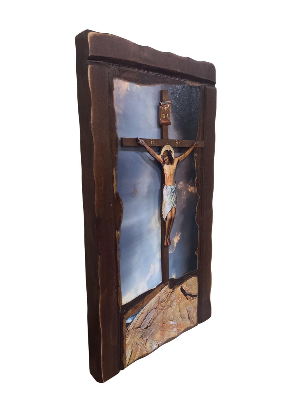 20 1/2" Greek Orthodox Crucifixion of Jesus Chirst Wall Mounted Lithography Natural Wood Icon INBI Metal Plaque Handcarved in Greece  52cm