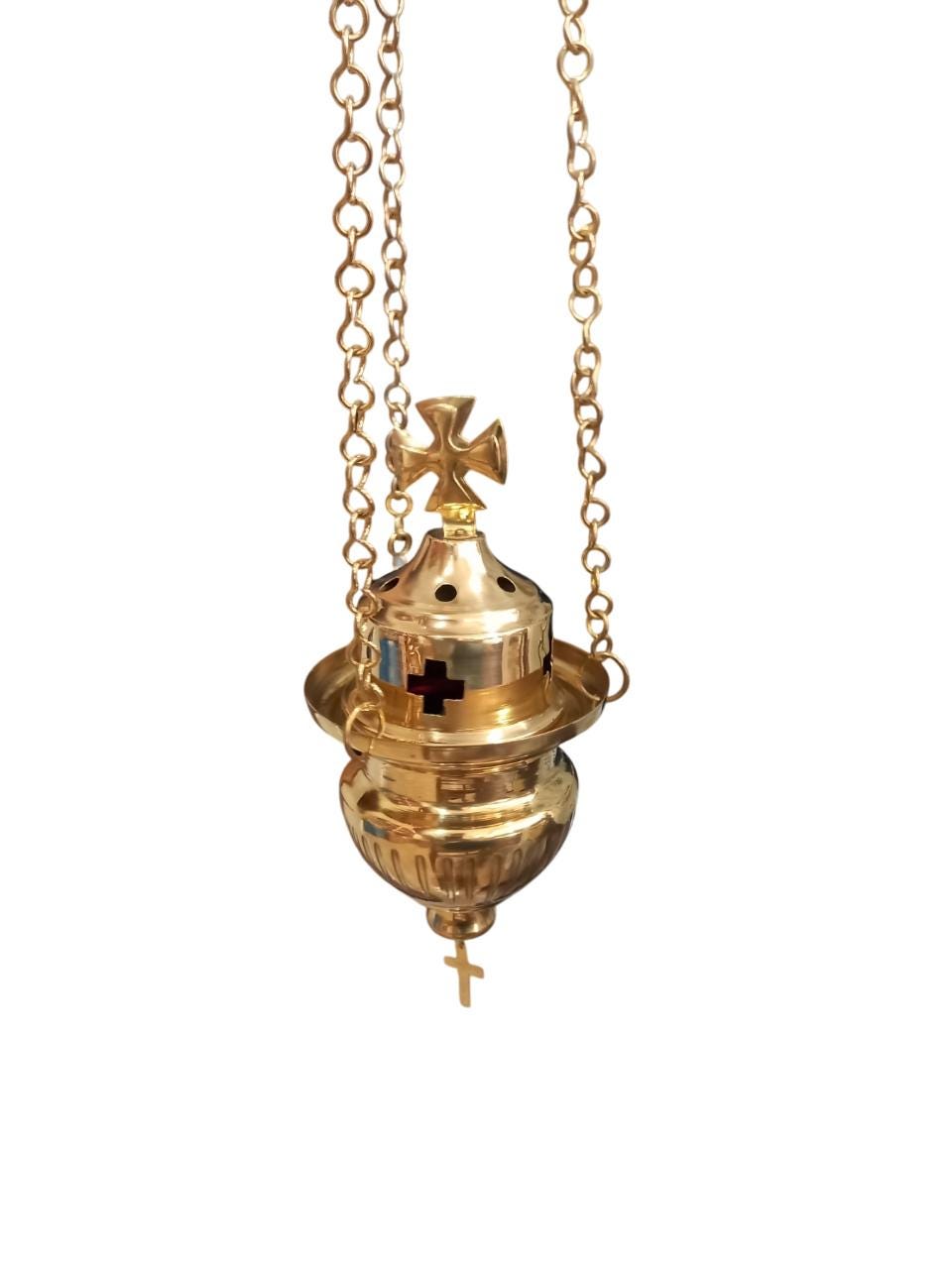 Metal Greek Orthodox Vigil Oil Lamp Wall Mounted Hanging Kandili with Cross Lid Gold Tone Aluminum Prayer Corner Altar Light Lantern Candle
