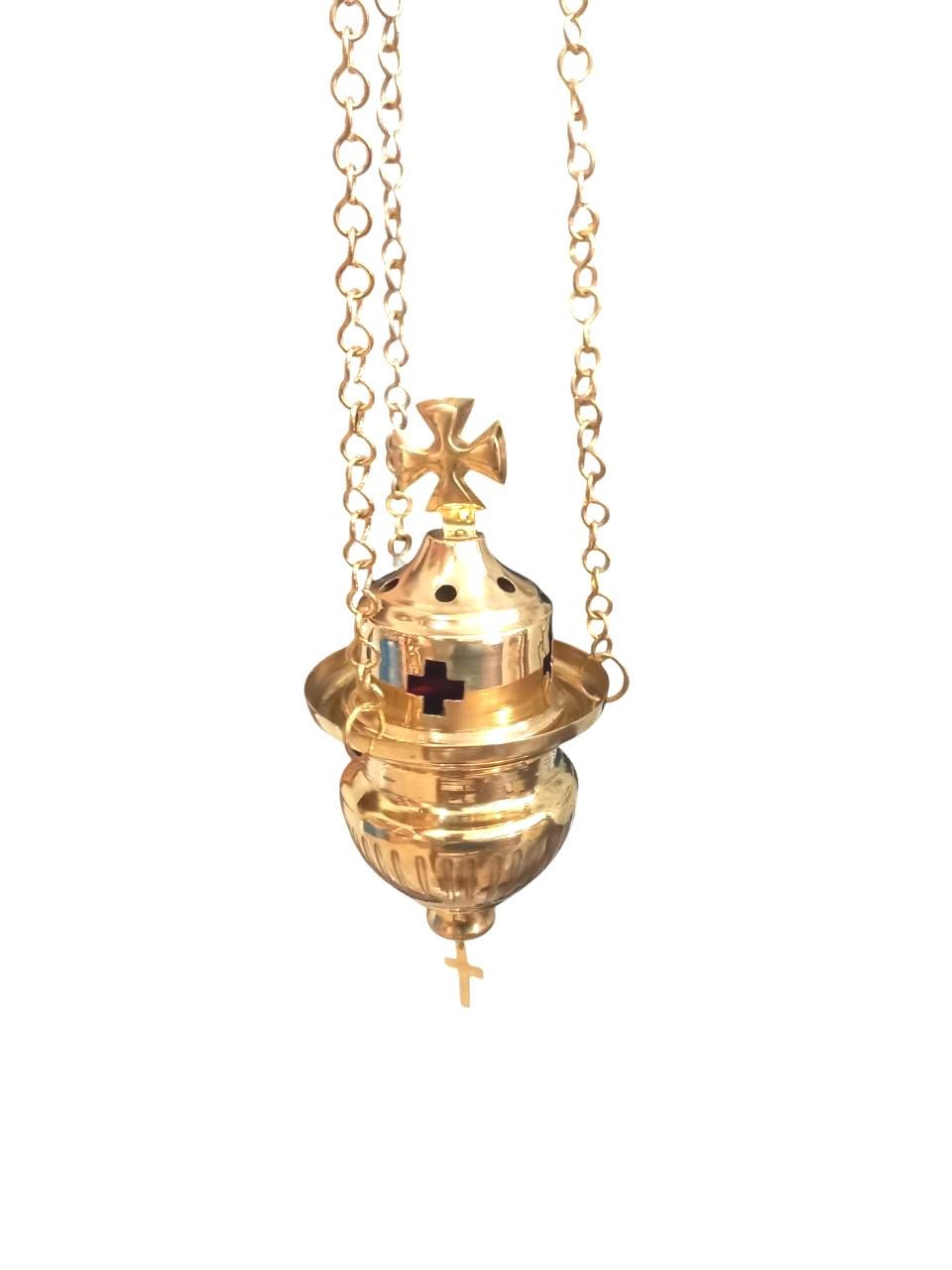 Metal Greek Orthodox Vigil Oil Lamp Wall Mounted Hanging Kandili with Cross Lid Gold Tone Aluminum Prayer Corner Altar Light Lantern Candle
